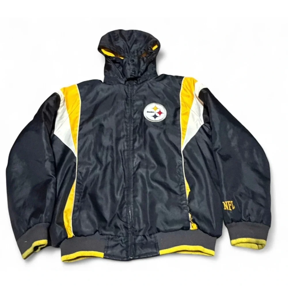 Vintage NFL Pittsburgh Steelers Hooded Puffer Jacket Fleece Lined Men's M